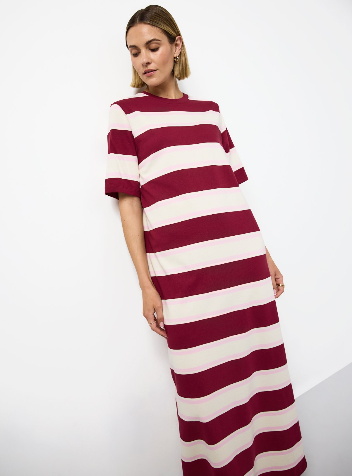 Dark Red Stripe Print Cotton Jersey Midaxi T-Shirt Dress 14 - Image 1 thumbnail